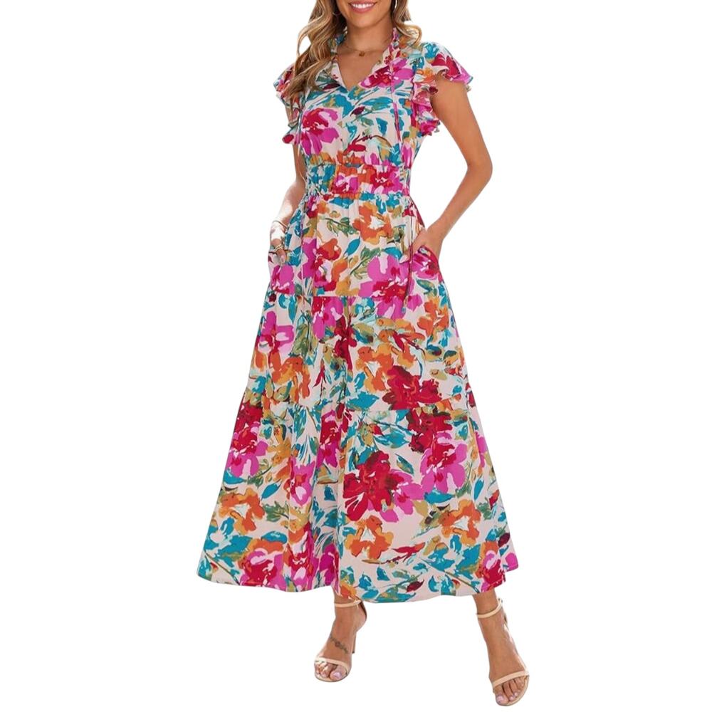 NWT Jodifil Women's Floral Crochet Flutter Babydoll Empire Boho Tiered‎ Dress M